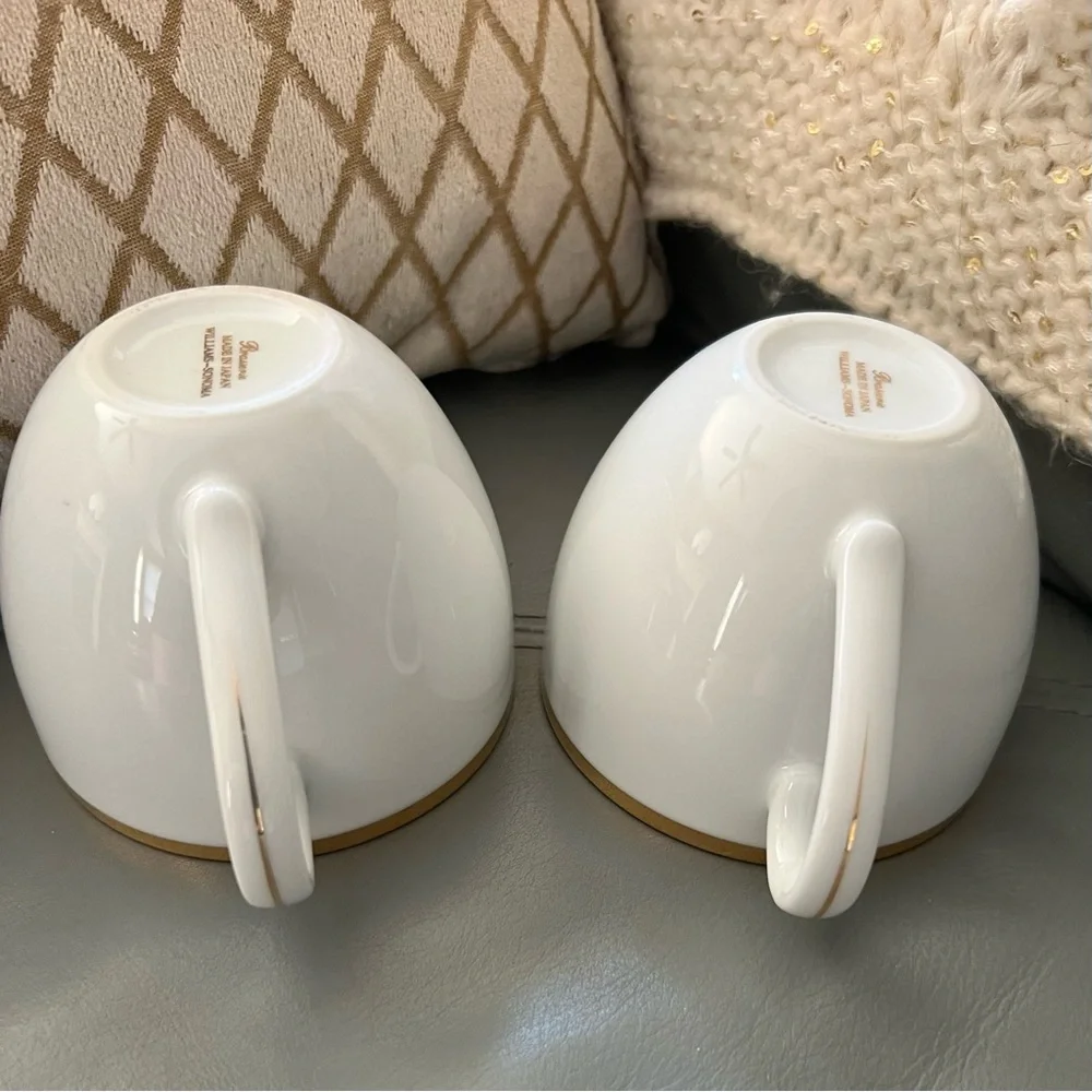 WILLIAMS SONOMA Brasserie JAPAN Gold Band PORCELAIN Tea Coffee Cups SET of 2
